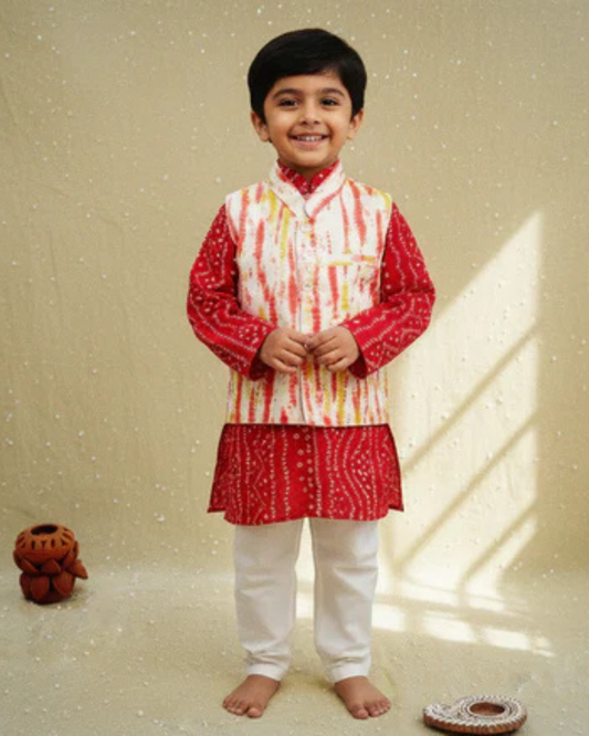 Red Tie and Dye Jacket with Bandhej Kurta-Pyjama