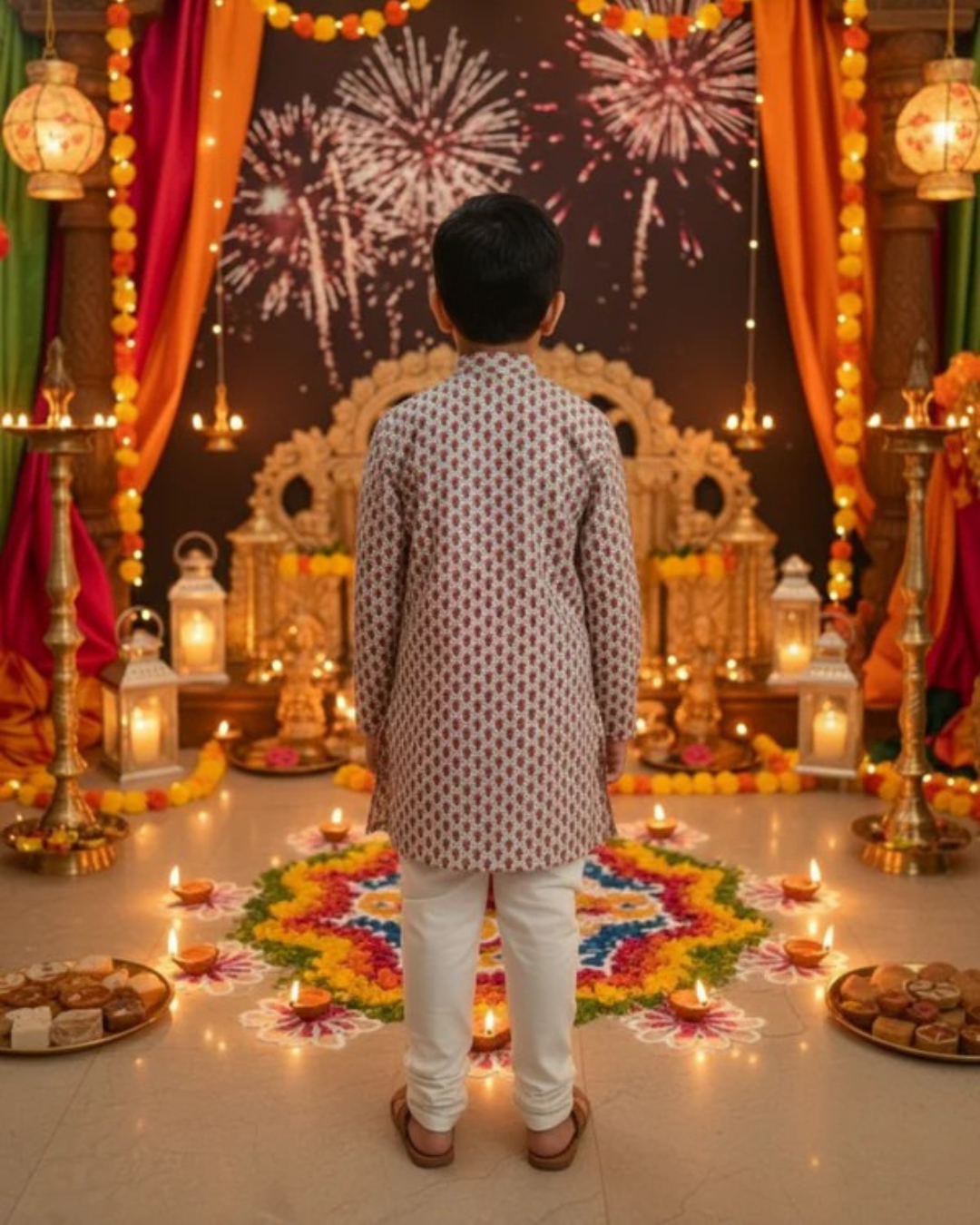 Pink Block Printed Boy's Kurta