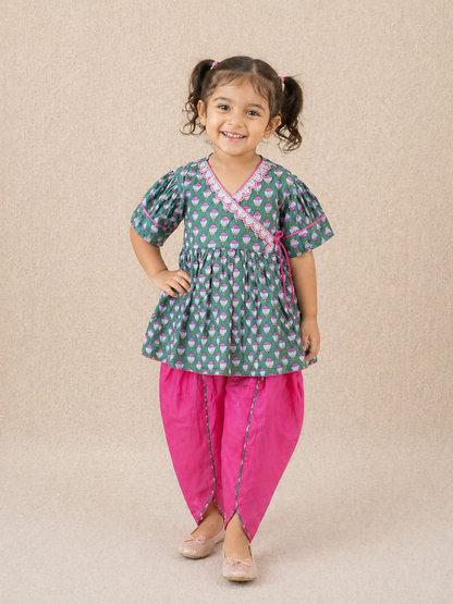 Girls Magenta Pink Lotus Buti Angrakha Kurti with Tulip Pant