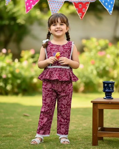 Wine Colour Discharge printed Girls Co-ord Set