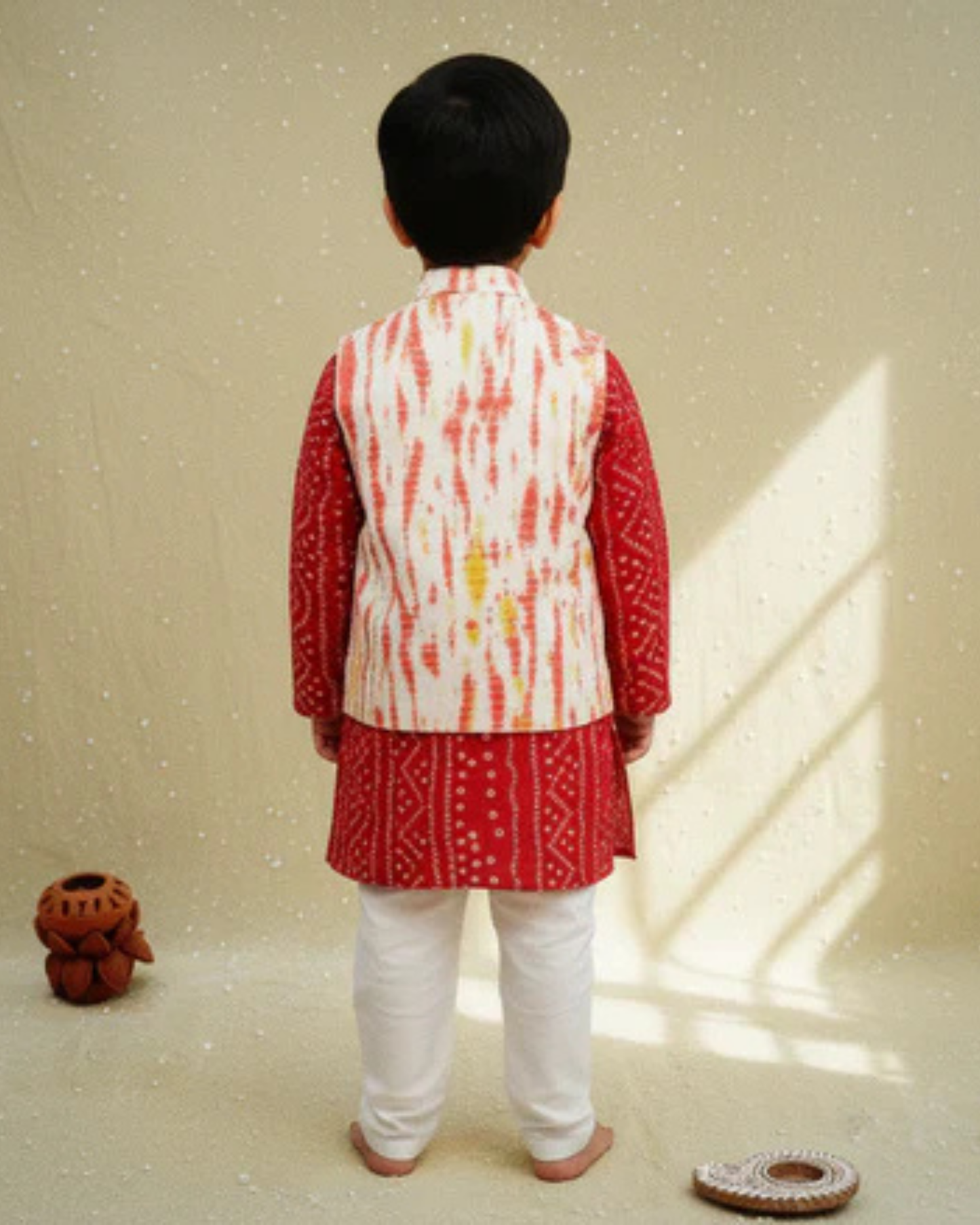 Red Tie and Dye Jacket with Bandhej Kurta-Pyjama