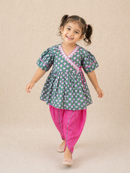 Girls Magenta Pink Lotus Buti Angrakha Kurti with Tulip Pant