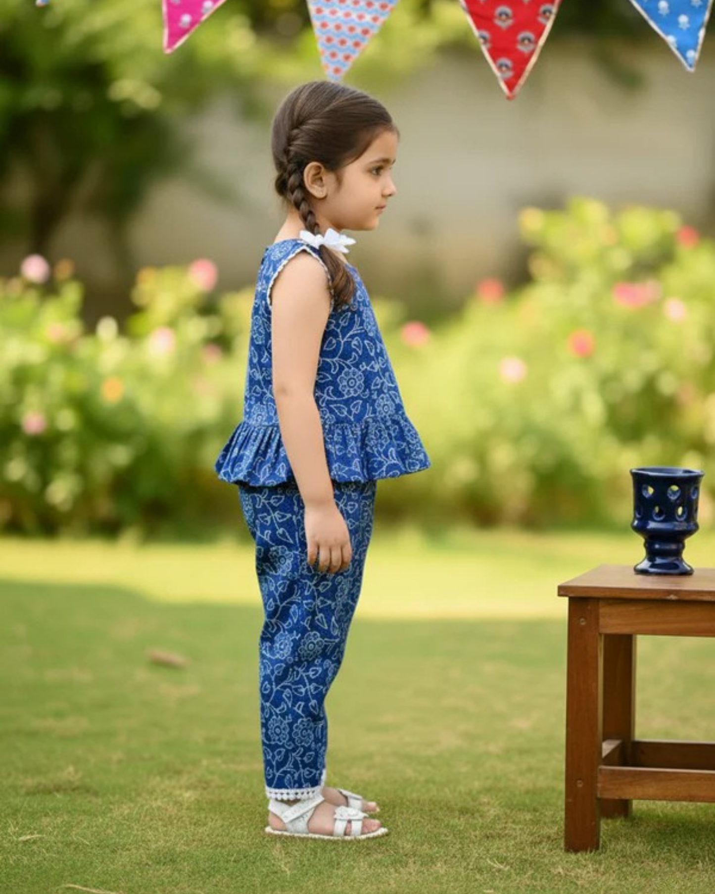 Indigo Blue Discharge printed Girls Co-ord Set