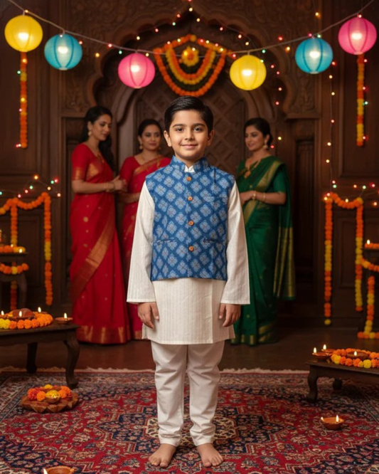 Royal Blue Jaal Buta Jacket with Kurta Pyjama