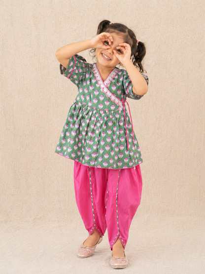 Girls Magenta Pink Lotus Buti Angrakha Kurti with Tulip Pant