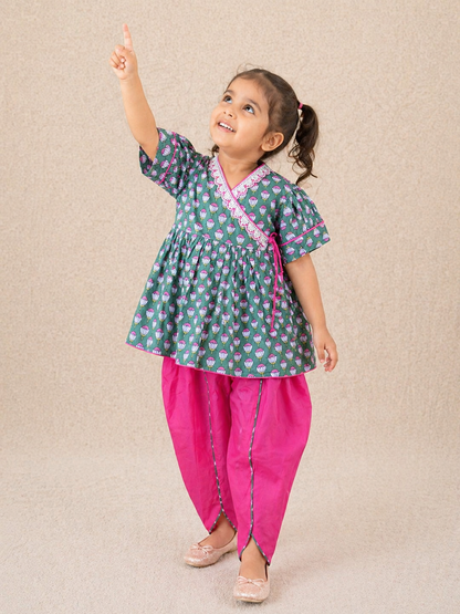Girls Magenta Pink Lotus Buti Angrakha Kurti with Tulip Pant