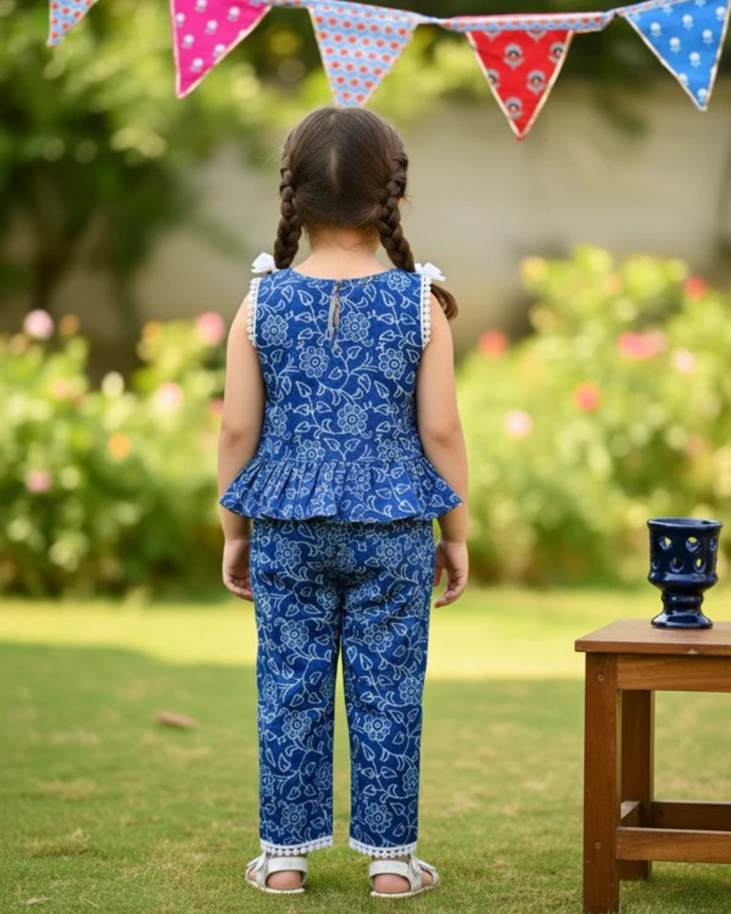 Indigo Blue Discharge printed Girls Co-ord Set