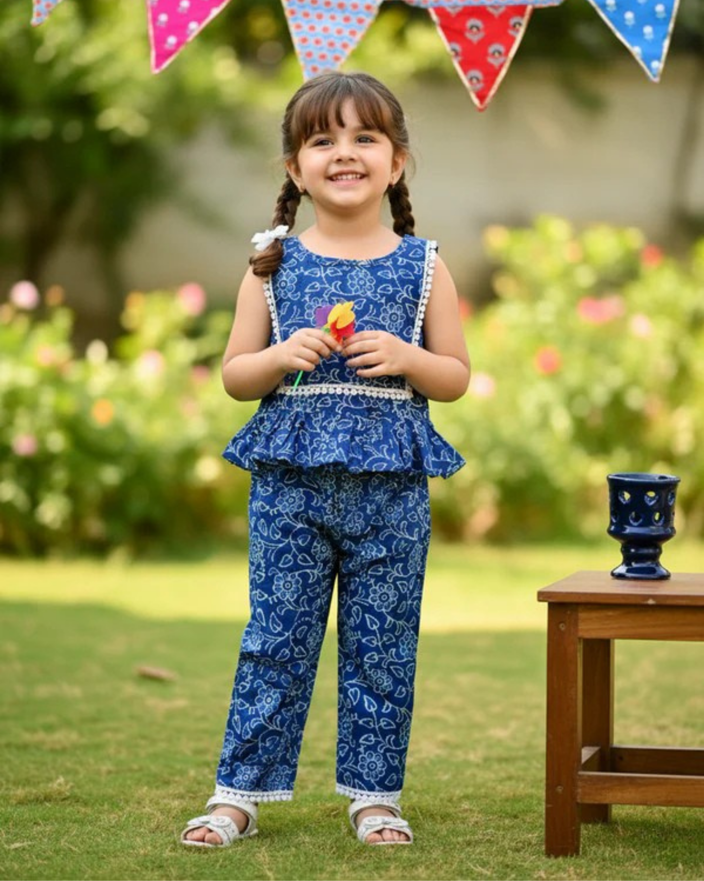 Indigo Blue Discharge printed Girls Co-ord Set