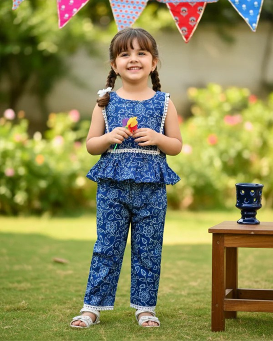 Indigo Blue Discharge printed Girls Co-ord Set