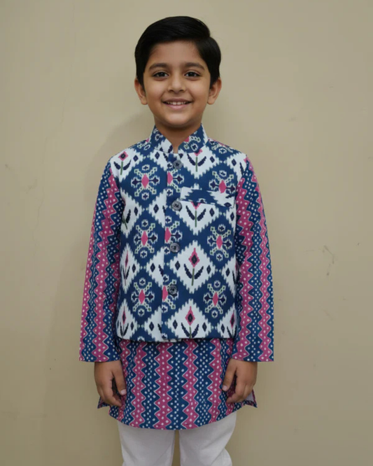 Ikkat Blue Print Jacket with Kurta -Pyjama