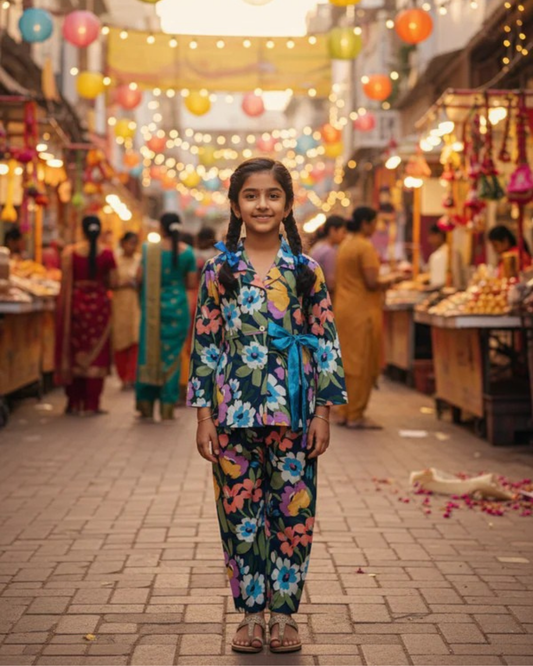 Blue coloured Flower Printed Girls Co-Ord Set