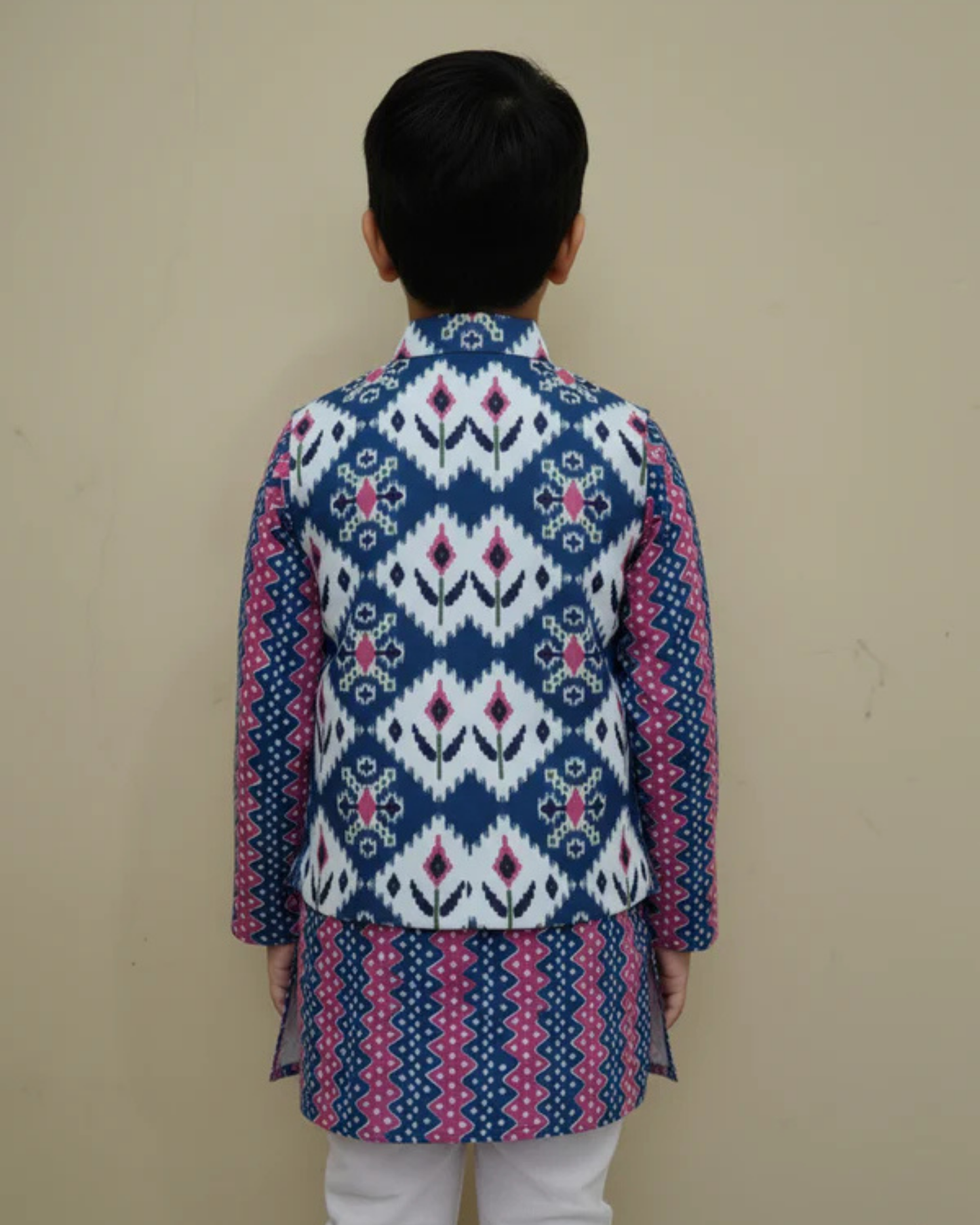 Ikkat Blue Print Jacket with Kurta -Pyjama