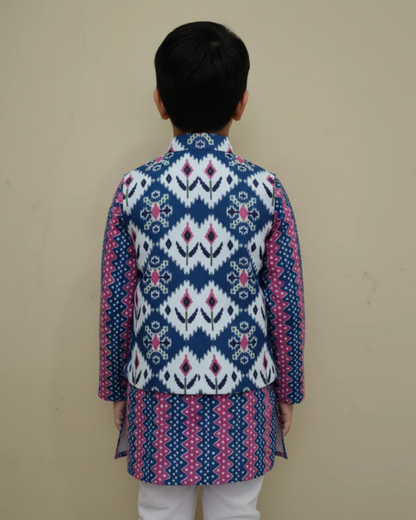 Ikkat Blue Print Jacket with Kurta -Pyjama