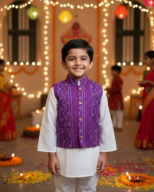 Purple Bandhej Jacket With Lurex Kurta Pyjama