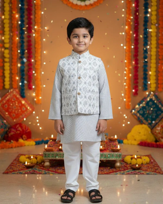 White Foil print Jacket with Kurta -Pyjama