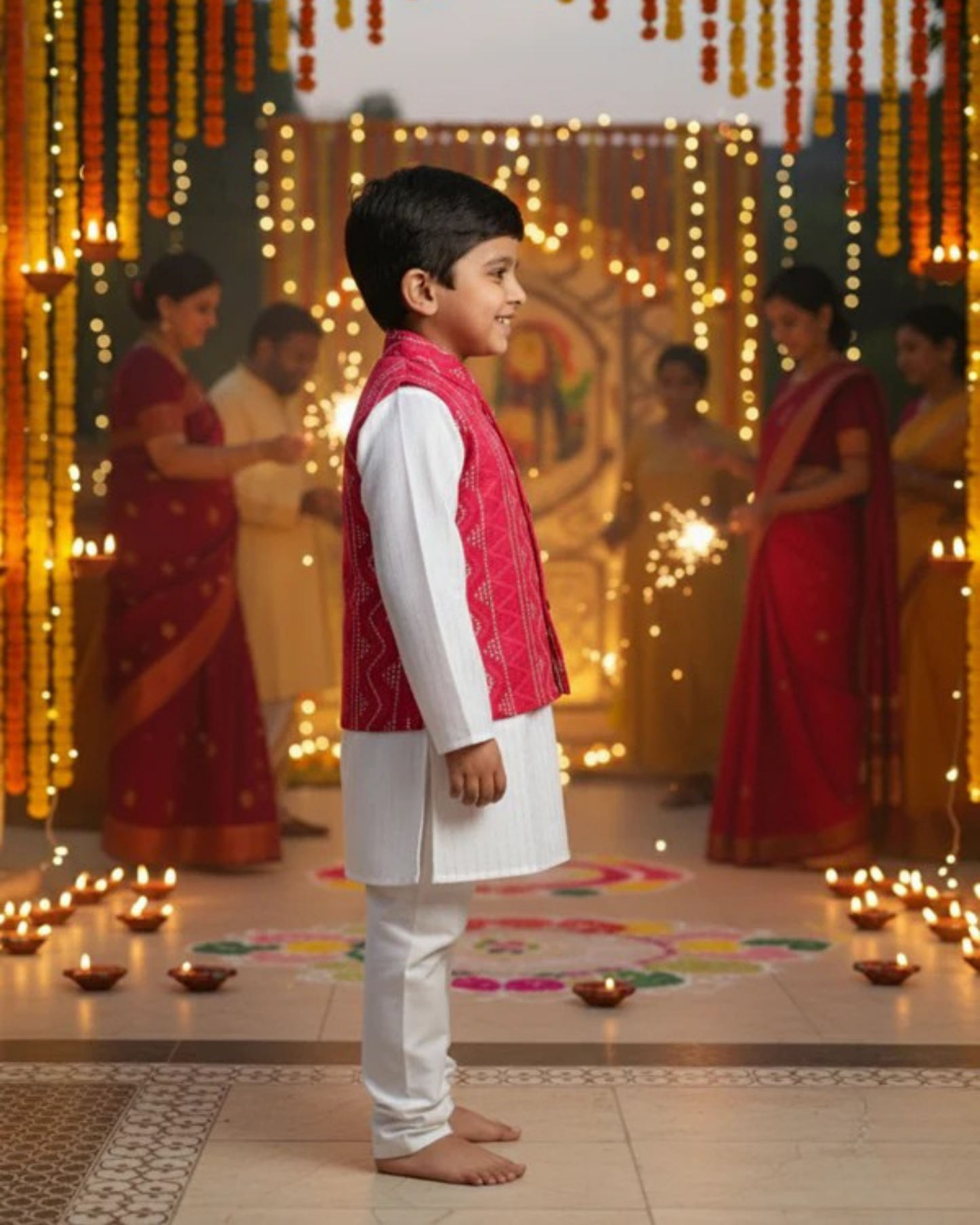 Red Bandhej Jacket With Lurex Kurta Pyjama