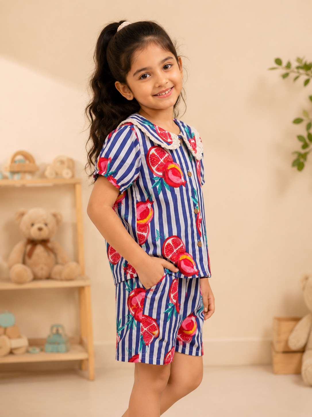 Striped-quirky-fruit  printed Cord-Set  for Girls