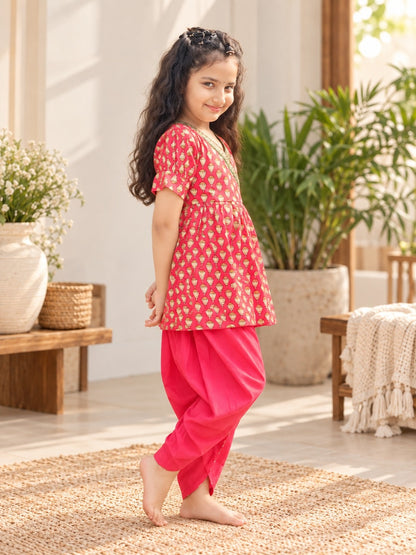 Red Lotus Buti Angrakha Kurti with Tulip Pant