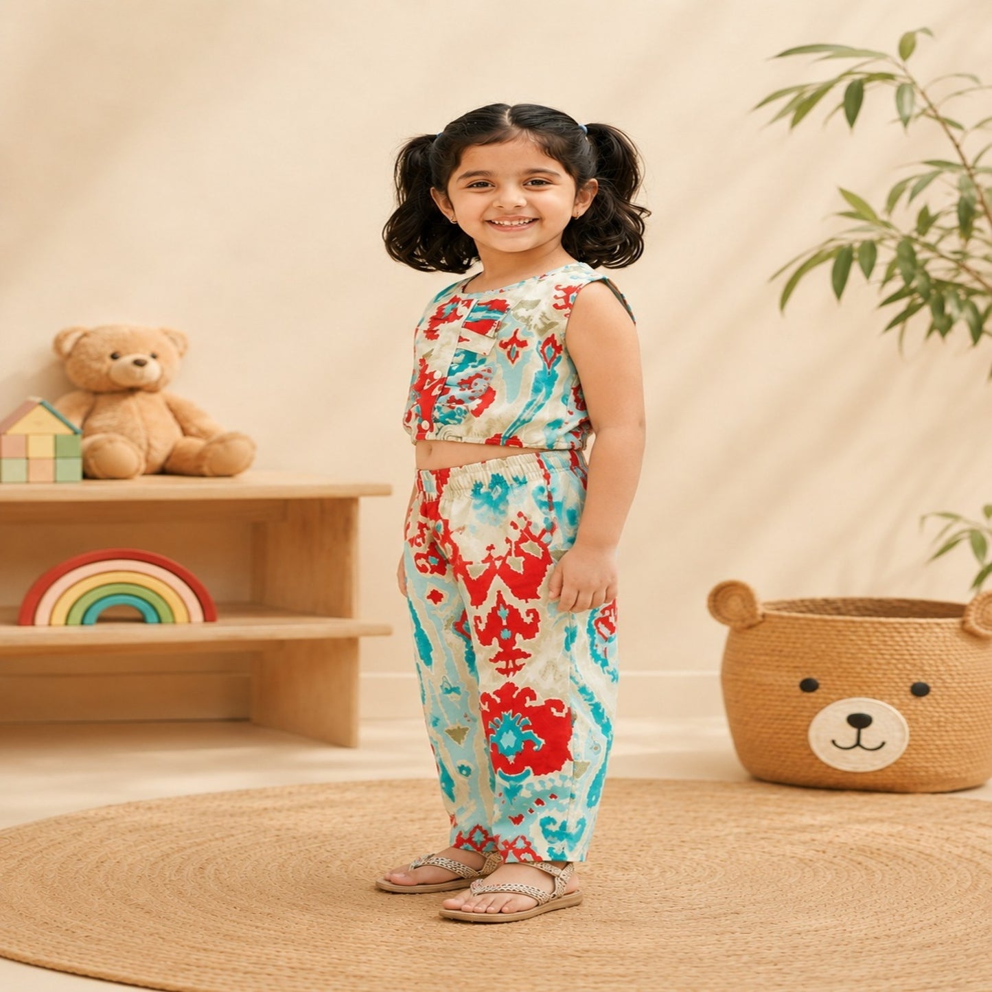 Digital Print Blue & Red Colour Girls Co-Ords