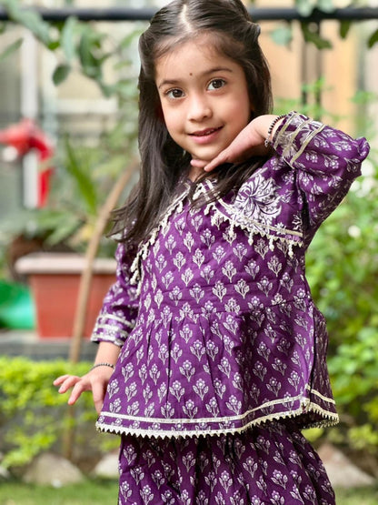 Purple and Blue Floral Printed Gathered Kurta with Palazzo
