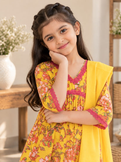 Yellow Colour Floral Printed Girls Flared Suit Set