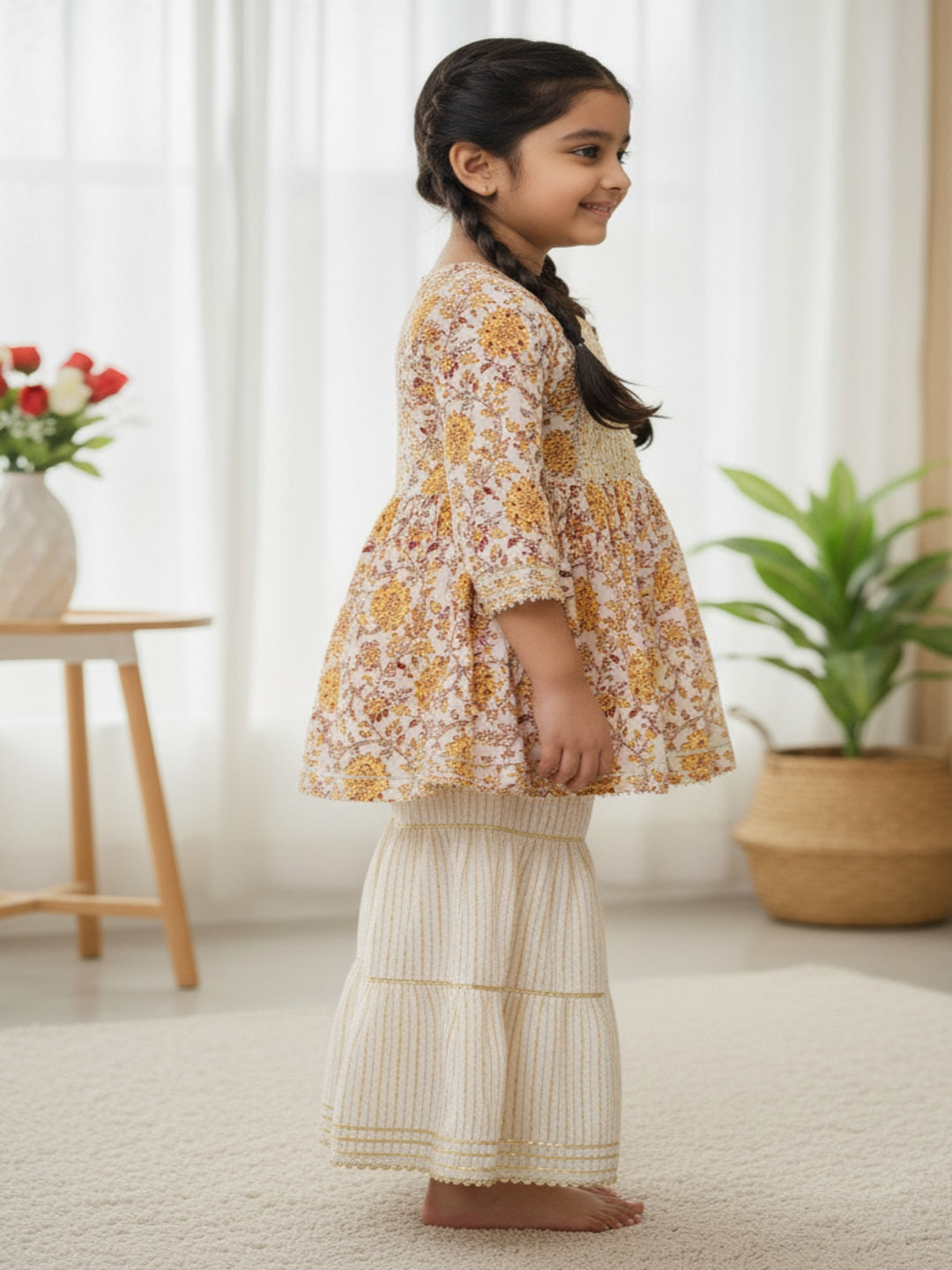 Screen Print Yellow Color Anarkali suit With Sharara
