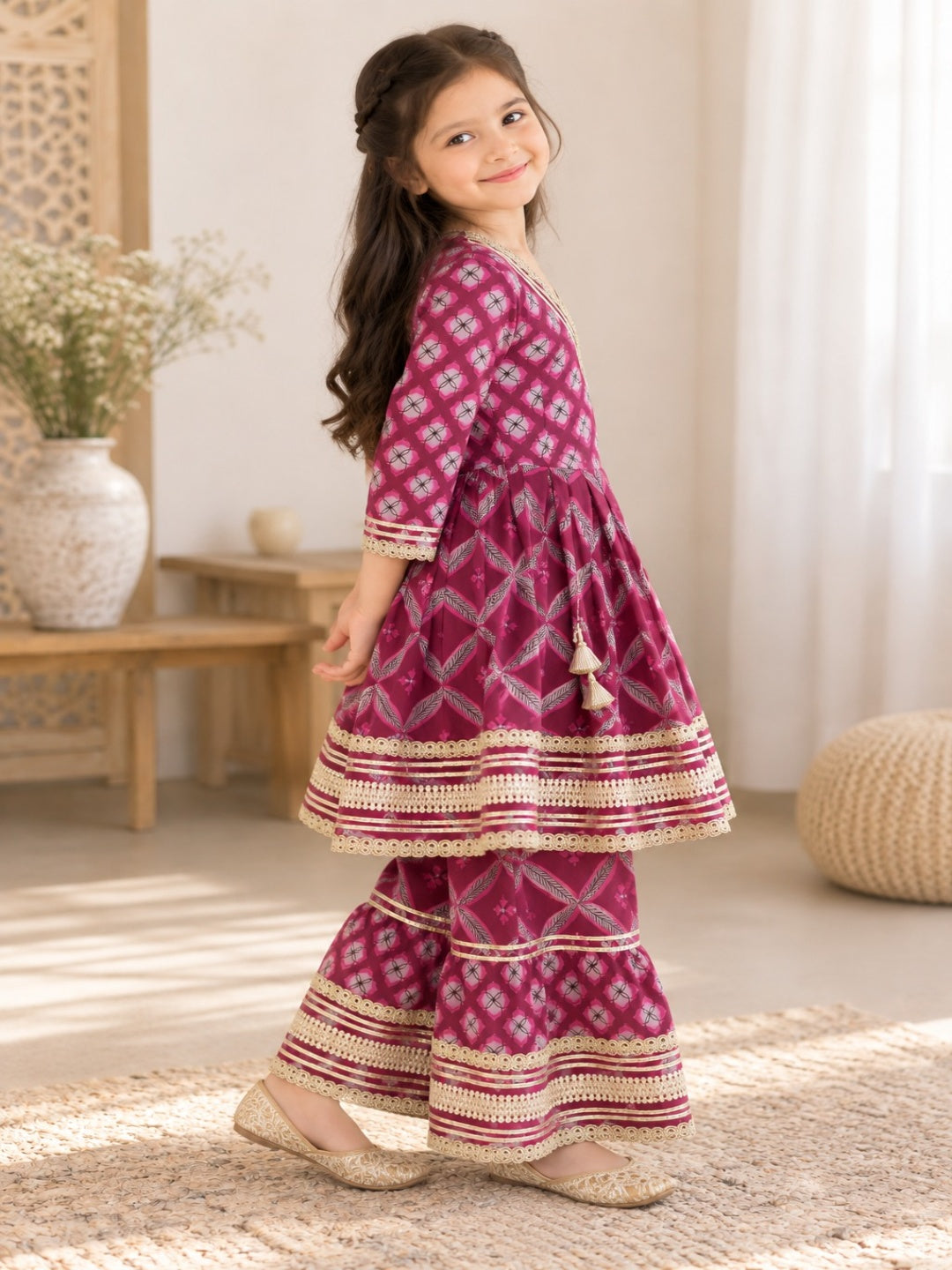 Jaal Butta  Print Wine Coloured Anarkali Suit with Sharara
