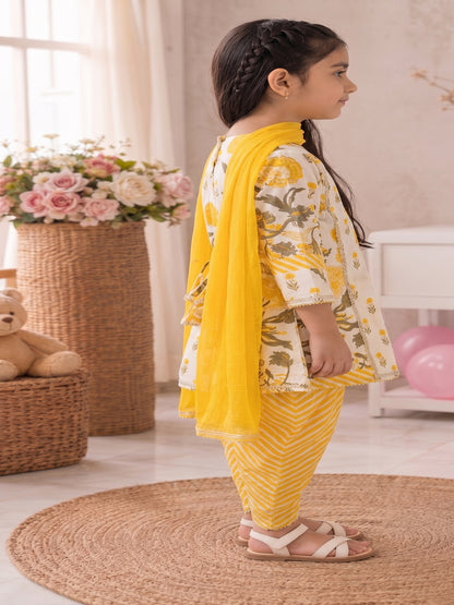 Block Printed Mugalbuta (Yellow  on white) side tie up gathered kurti with Lahariya tulip pants