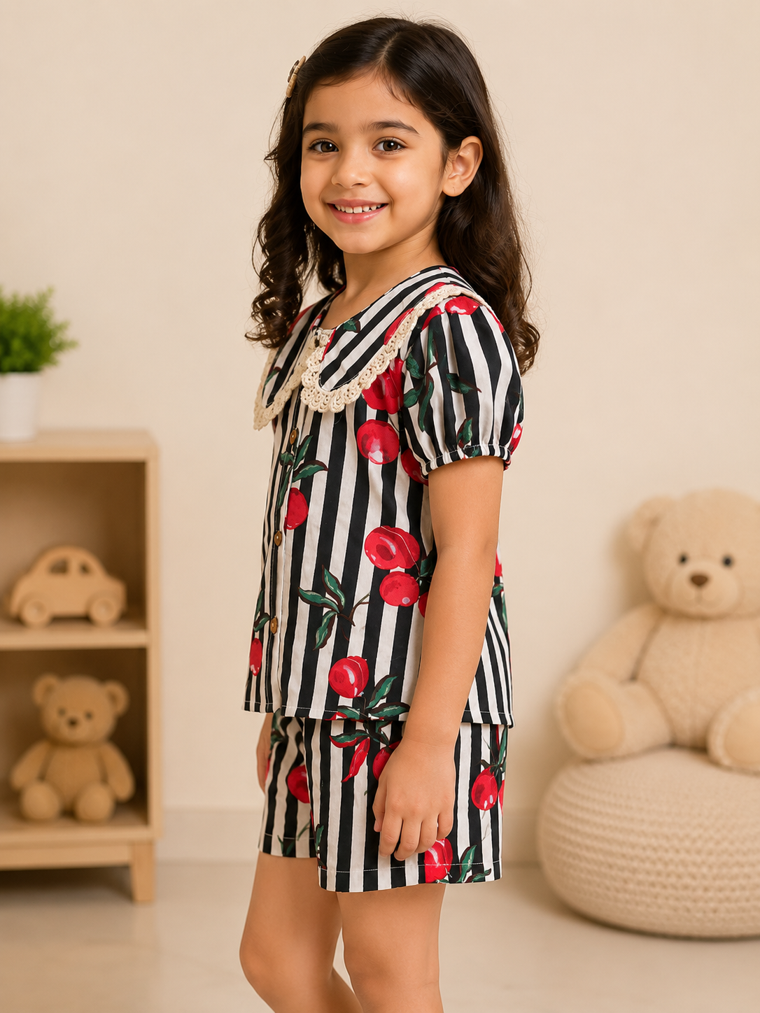 Striped-quirky-fruit  printed Cord-Set  for Girls