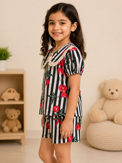 Striped-quirky-fruit  printed Cord-Set  for Girls