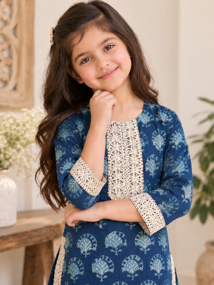 Blue Block Printed Straight Kurta with Palazzo