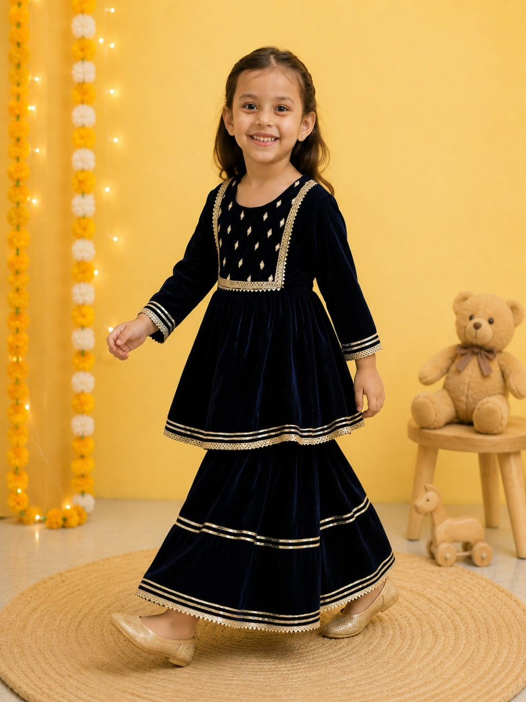 Blue Coloured Mirror-Embroidery Velvet  Kurti With Sharara