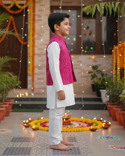 Pink Bandhej Jacket With Lurex Kurta Pyjama