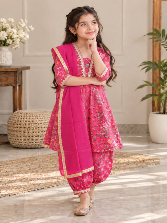Floral Print Rani Pink Colour Afghani Style Suit Set