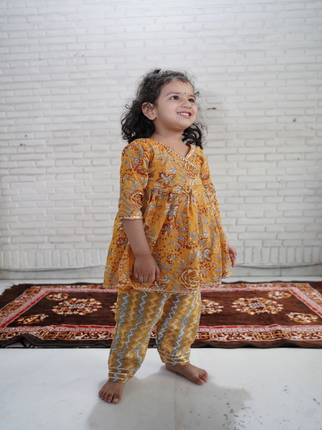 Mustard Colour Floral Printed Girls Flare Suit Set