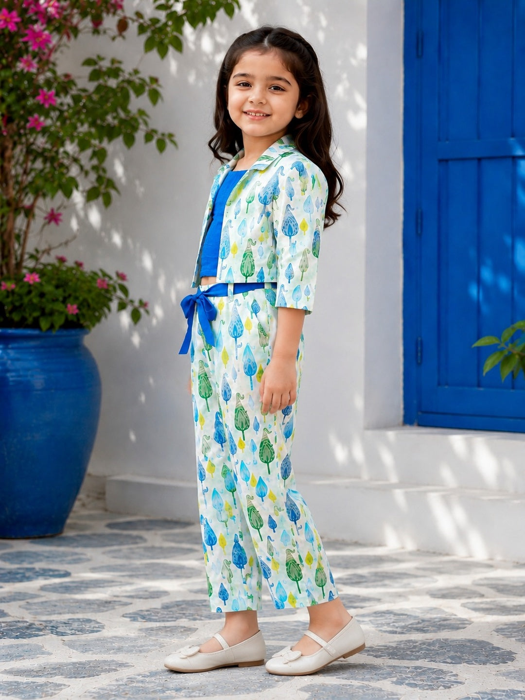 Blue Block Printed 3 Piece Girls Co-Ords