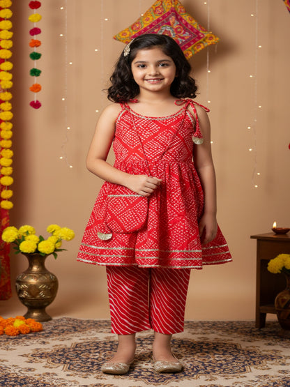 Jaipuri Print Red Colour Girls Flare Suit Set