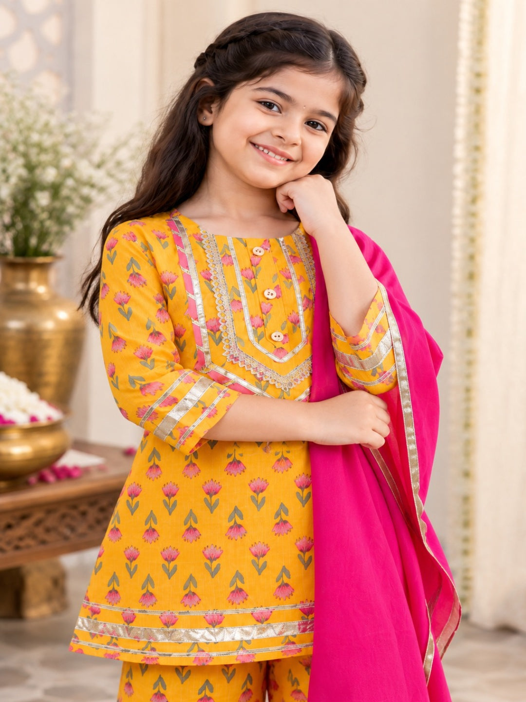 Screen Printed Yellow Kurta With Sharara Set