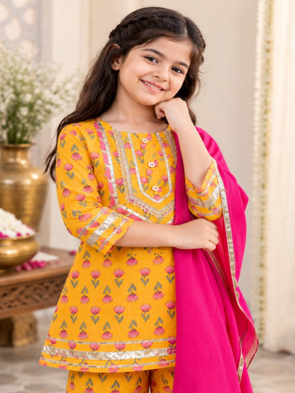 Screen Printed Yellow Kurta With Sharara Set