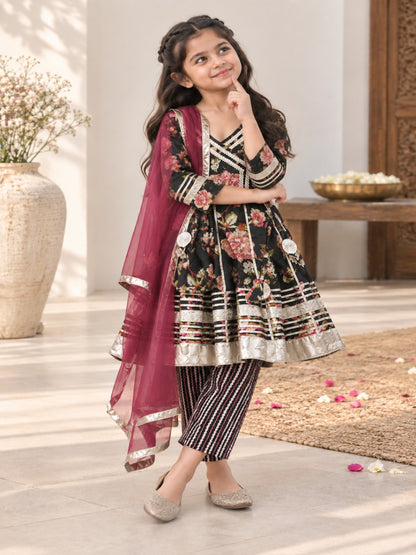 Black Floral Printed Girls Flare Suit Set