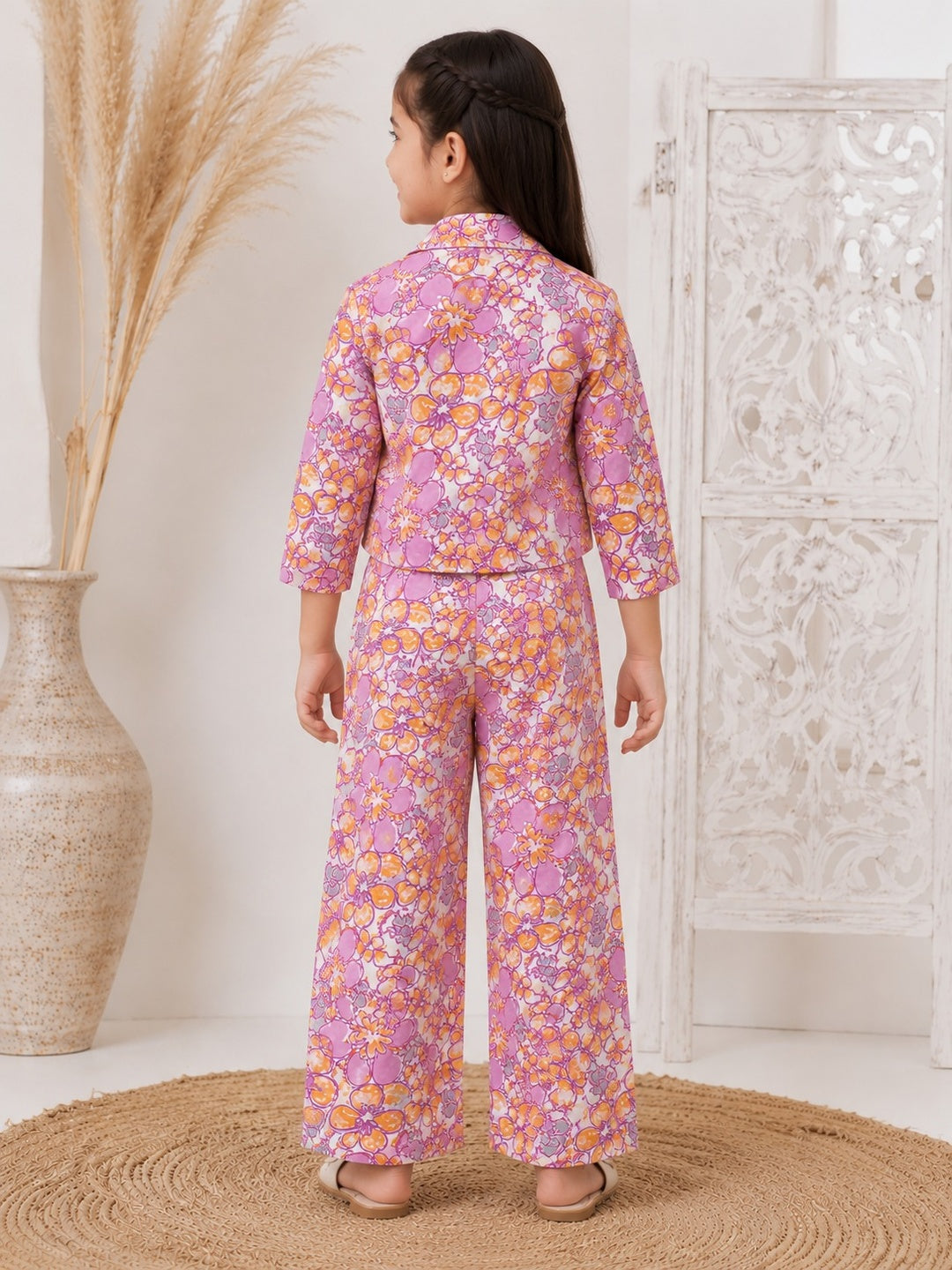 Purple Floral Printed 3 Piece Girls Co-Ords