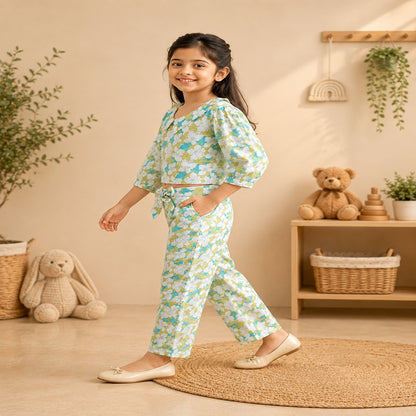 White Flower Printed Girls Co-Ords
