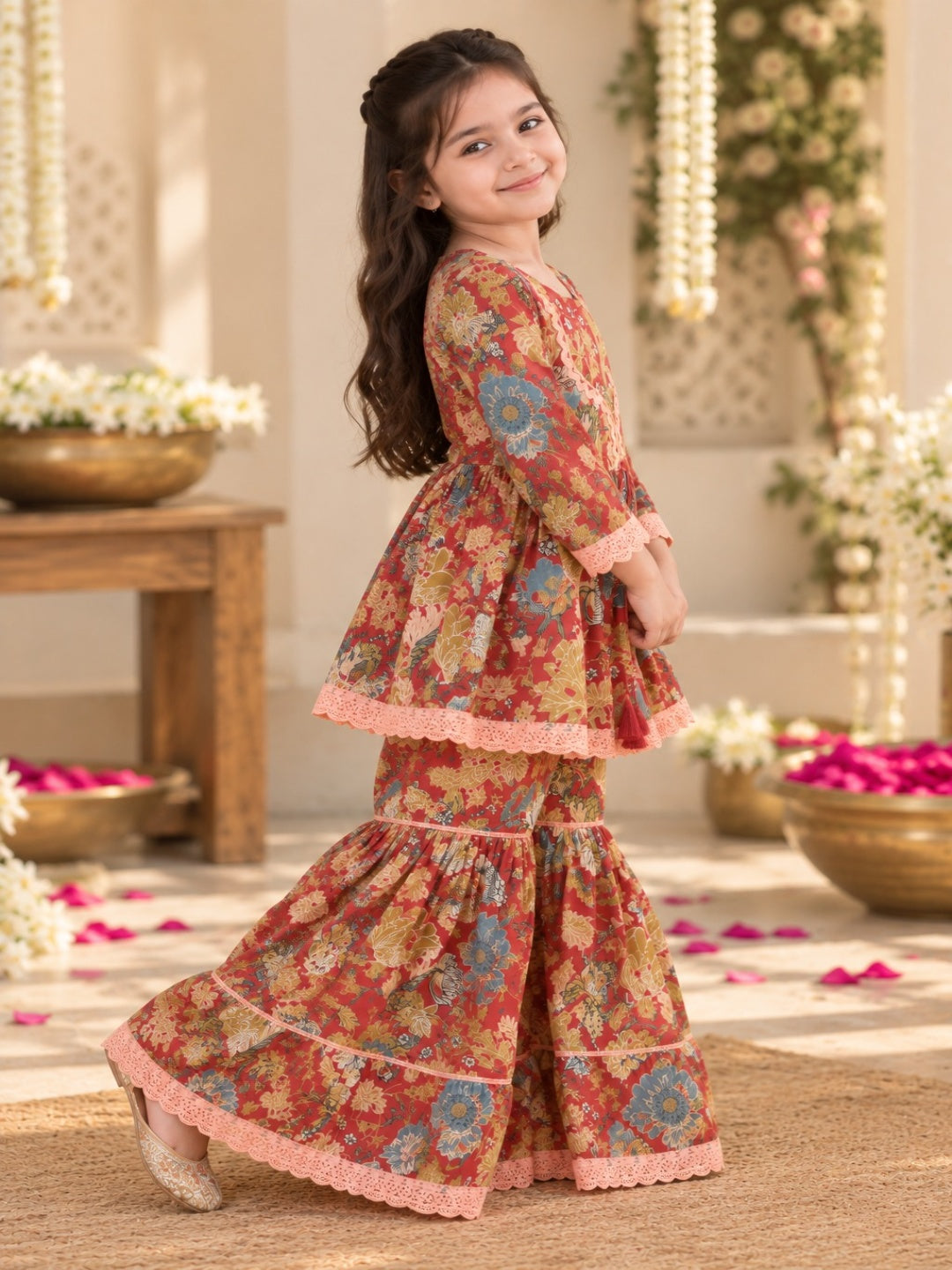 Floral Gathered Maroon Kurta With Sharara Set