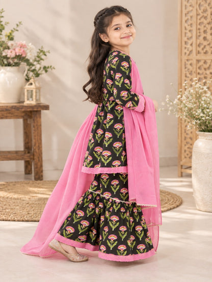 Floral Gathered Black Kurta With Sharara Set
