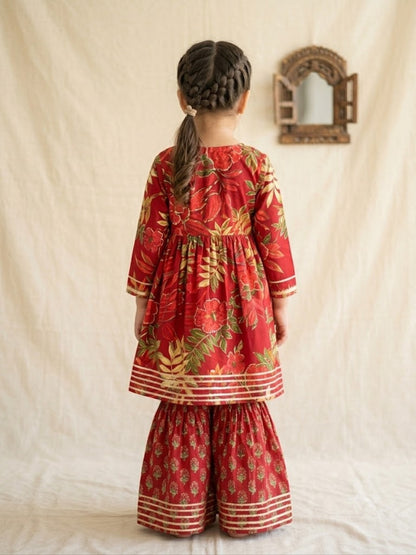 Block Print Maroon Colour Anarkali Suit With Sharara