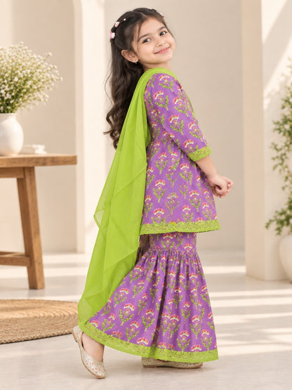 Floral Gathered Lavender Kurta With Sharara Set