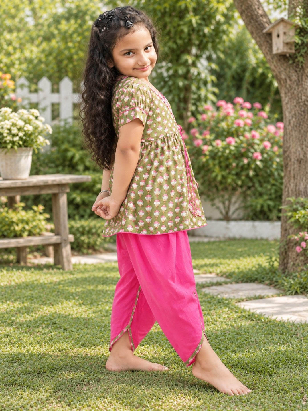 Girls  Lotus Buti Angrakha Kurti with Tulip Pant
