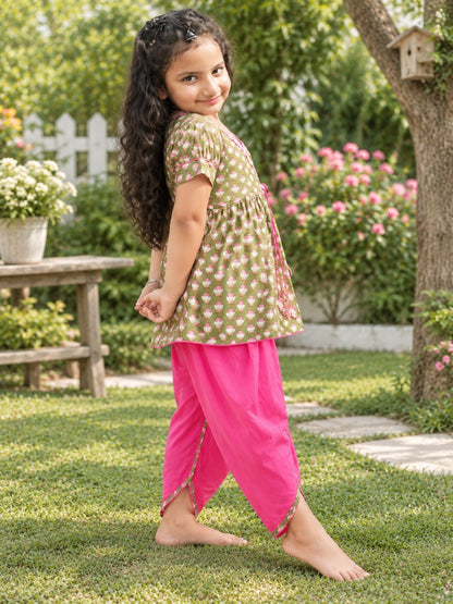 Girls  Lotus Buti Angrakha Kurti with Tulip Pant