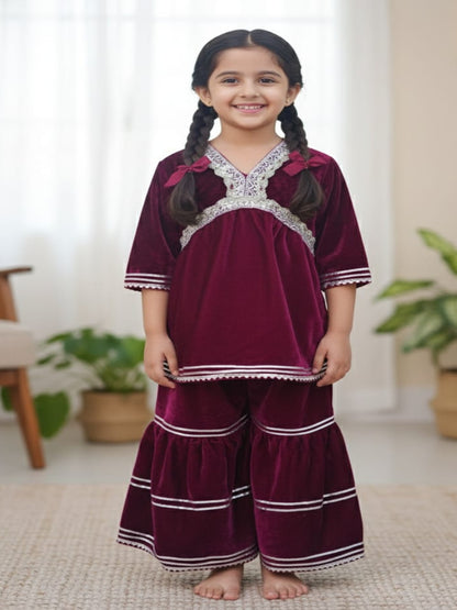 Pink Coloured Alia Cut Velvet Kurti With Sharara