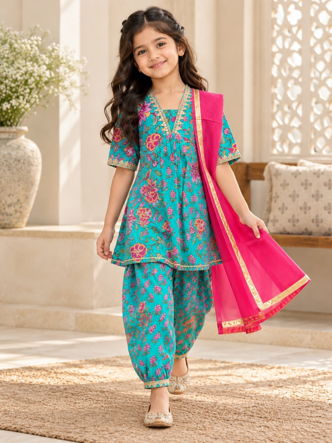 Sea Green Screen Printed Afghani Style Suit Set